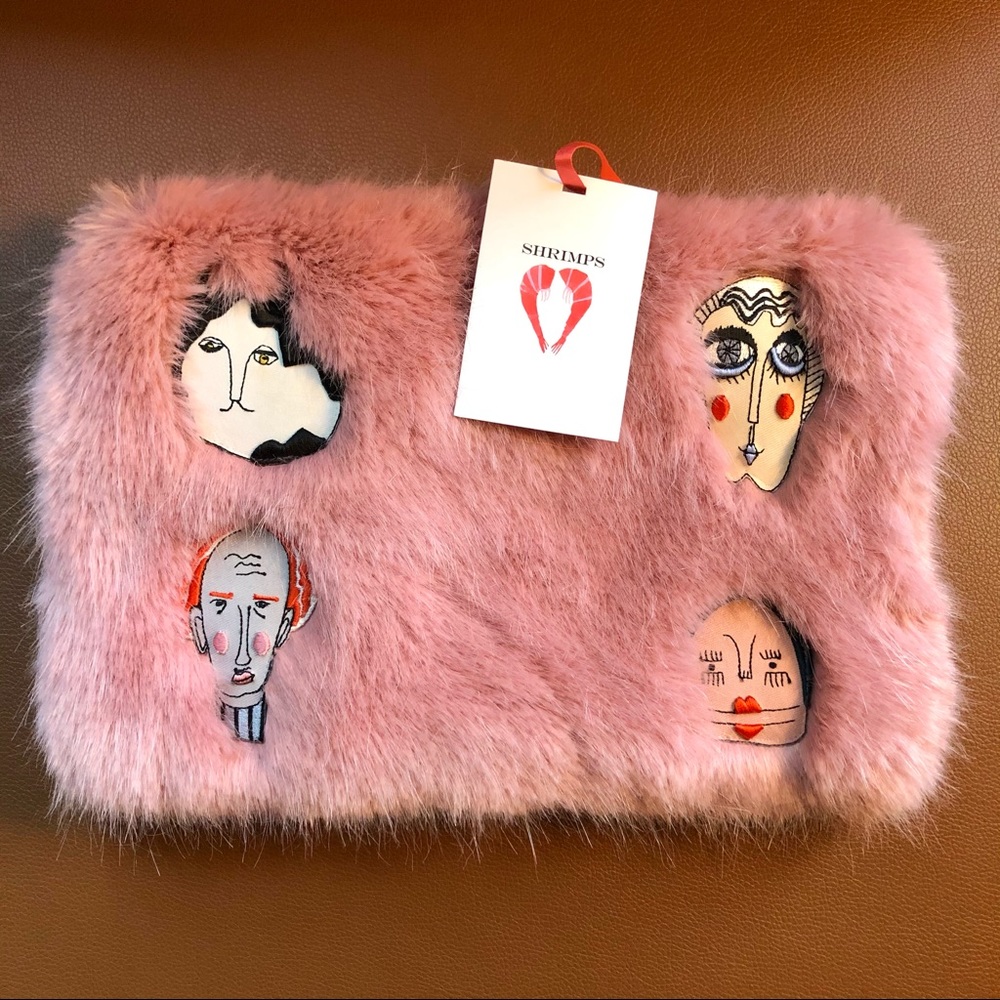 NWT Shrimps Faux Fur Pink Rose Clutch w/ Faces